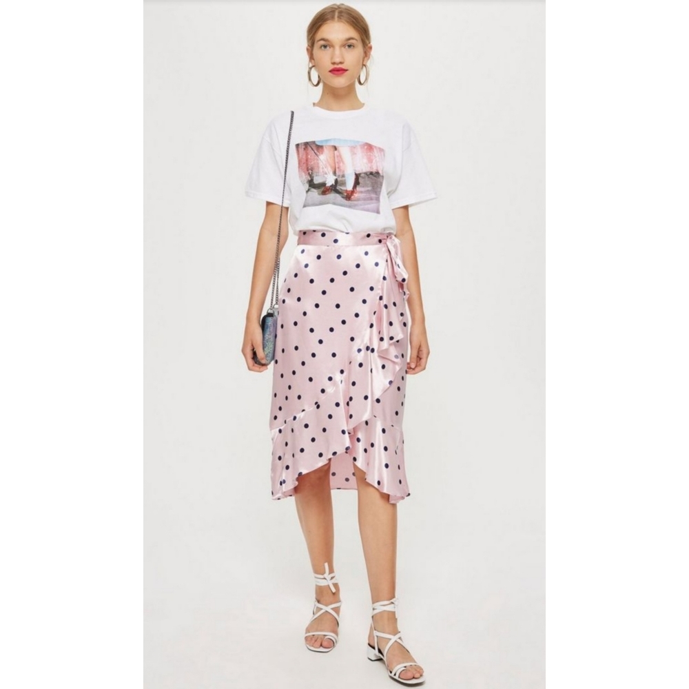 💖Topshoo💖 Satin Spot Ruffle Midi Skirt